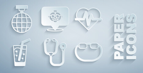 Set Stethoscope, Heart rate, Glass with water, Eyeglasses, Grandmother and Disco ball icon. Vector