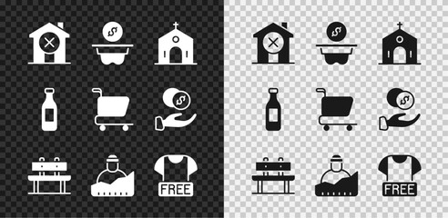 Set No house, Donation money, Church building, Bench, Growth of homeless, Clothes donation, Bottle water and Shopping cart icon. Vector