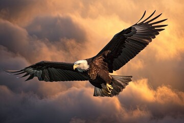 Obraz premium American bald Eagle flying in the clouds at Sunset. Eagle. Generative Ai