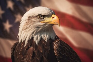 A bald Eagle on american flag background. Eagle. Generative Ai