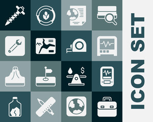 Set Briefcase, Seismograph, Earth globe with document, Topographic map, Wrench spanner, Construction jackhammer and Roulette construction icon. Vector