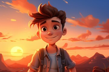 Cartoon adventurer boy in the mountain during sunset, with Generative AI