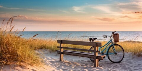 sandy dunes on Baltic beach,sunset on beach ,pine trees,sun reflection on se water ,wooden bench and bike ,nature landscape  - obrazy, fototapety, plakaty