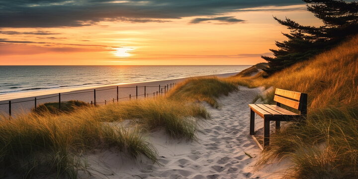 sandy dunes on Baltic beach,sunset on beach ,pine trees,sun reflection on se water ,wooden bench and bike ,nature landscape 