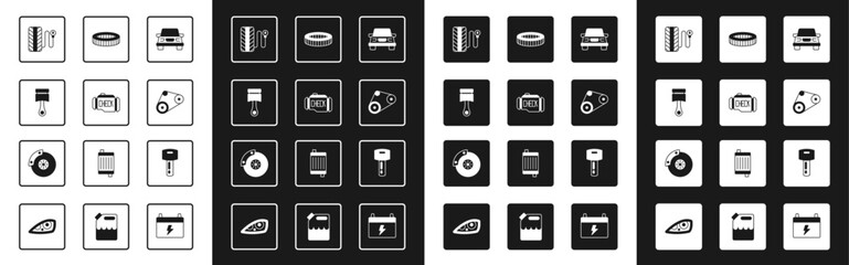 Set Car, Check engine, Engine piston, Tire pressure gauge, Timing belt kit, air filter, key with remote and brake disk caliper icon. Vector