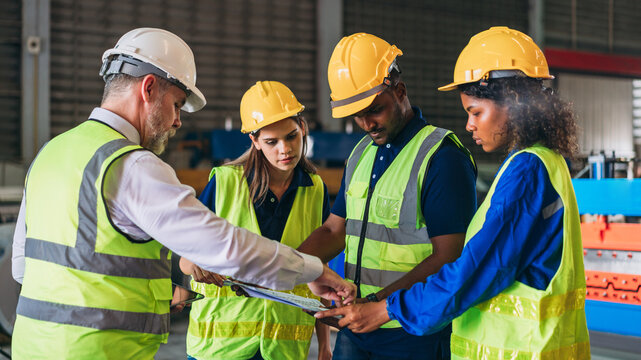 Team engineers and foreman stack hand and shake hands to show success at factory machines. Worker industry join hand for collaboration.