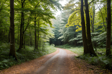 Naklejka premium A very beautiful lonely road in the forest,AI generated