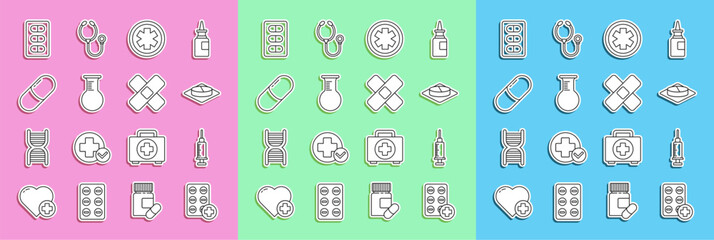 Set line Pills in blister pack, Syringe, Medicine pill or tablet, Medical symbol of the Emergency, Test tube and flask, and Crossed bandage plaster icon. Vector