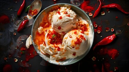 Generative AI photo of a rustic bowl of vanilla bean ice cream with spicy sriracha on top. artistic food photography. Bright colours. Contrast. Texture. photorealistic. Background.