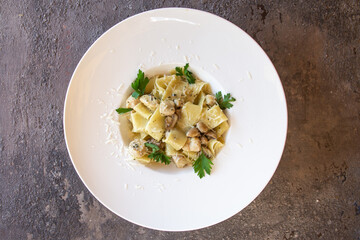 top view pasta with chicken and herbs in a white plate
