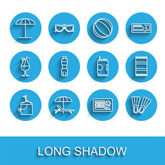 Fototapeta premium Set line Sand in bucket with shovel, Sunbed umbrella, protective for beach, Passport visa stamp, Rubber flippers, Bottle of water, Beach towel and Soda can icon. Vector