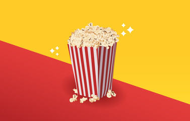 crispy popcorn snack vector with bucket and corn grains. Sweet or salty cinema food advertisement. delicious popcorn vector. Pop corn for cinema, delicious snack illustration