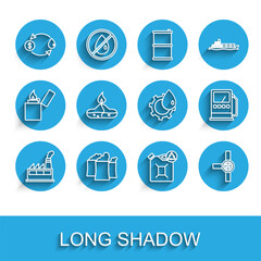 Set line Oil industrial factory building, exchange, Eco fuel canister, Industry pipes and valve, Alcohol spirit burner, Petrol gas station and icon. Vector