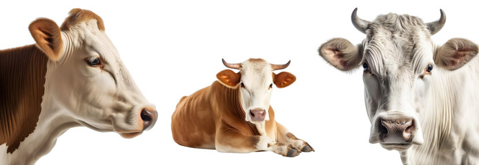 Set of different cows. Profile and full face of a cow close-up. Village cow lies. Cow design element for farm, housekeeping, nature, ecology.  Isolated on a transparent background. KI.