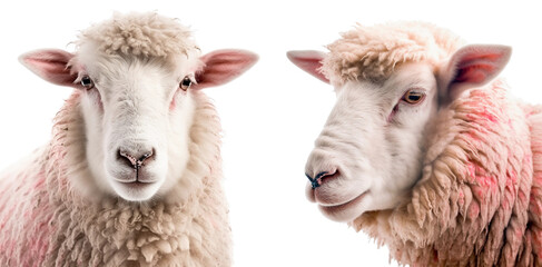 Obraz premium Set of pink sheep. Profile and full face of a pink sheep. Sheep design element for farm, household, nature, ecology, agricultural products. Isolated on a transparent background. KI.