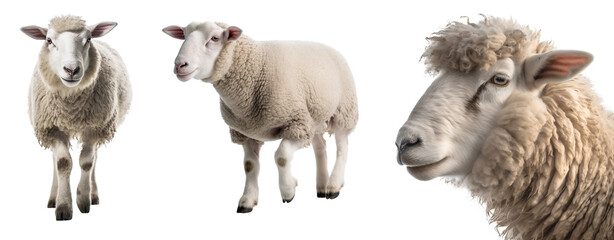 Set of white farm sheep. Profile of a white sheep, sheep side view, the sheep is walking straight. Sheep design element for farm, household, nature, ecology. Isolated on a transparent background. KI.