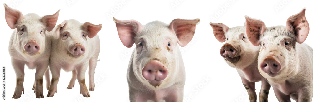 Wall mural set of farm pink pigs. close-up portrait of a rustic pig, two pigs stand together. design element fo