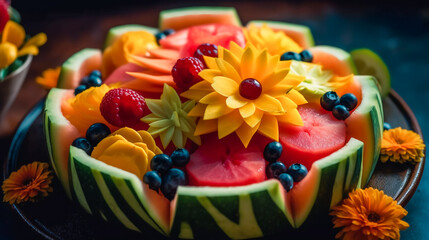 Fototapeta na wymiar A fruit salad in the shape of a flower. AI Generated
