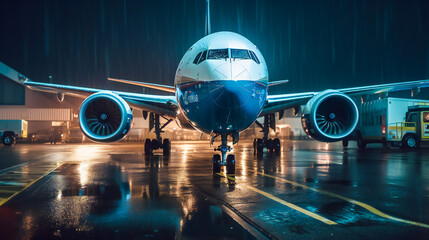 Nighttime Preparations. A Boeing Aircraft Readies for Takeoff. Generative AI