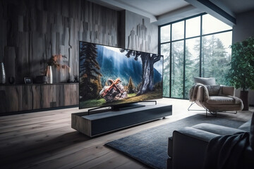 Big Screen TV Takes Center Stage in Modern Living Room. Generative AI - obrazy, fototapety, plakaty