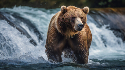 Brown bear catches salmon at waterfall. Ai Generated