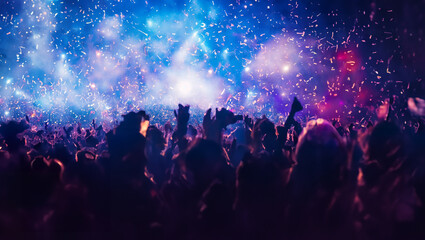 A crowd of people at a live event, concert or party holding smartphones. Large audience, crowd, or participants of a live event, in a arena type venue with bright lights above. Generative AI - obrazy, fototapety, plakaty