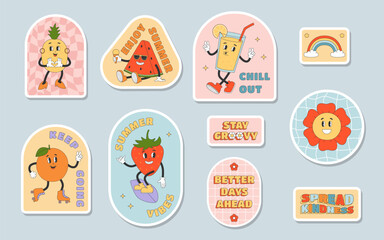 Set of groovy cartoon stickers. Flower, orange, strawberry, watermelon, pineapple, rainbow. Sticker pack in trendy y2k retro style.