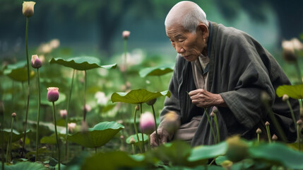 Naklejka na ściany i meble Chinese Man Selecting Lotus.AI Generated