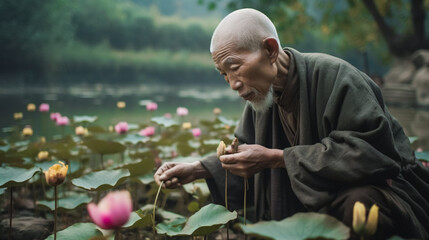 Naklejka na ściany i meble Chinese Man Selecting Lotus.AI Generated