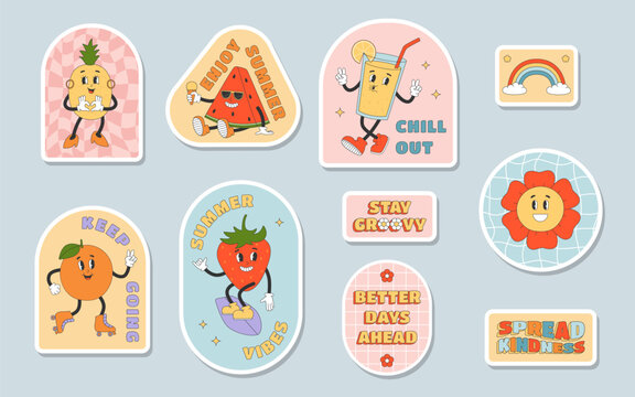 Naklejka Set of groovy cartoon stickers. Flower, orange, strawberry, watermelon, pineapple, rainbow. Sticker pack in trendy y2k retro style.