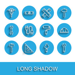 Set line Hammer, Triangular ruler, Electric rotary hammer drill, Trowel, Wrench spanner, plug, Worker safety helmet and Paint roller brush icon. Vector