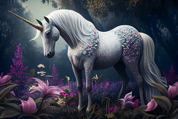 Obraz na płótnie Canvas Enchanted Unicorn in a Garden of Dreamscape. Generative AI