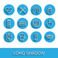 Set line Leaf document, Kettle with handle, Heart heal, Cream or lotion cosmetic tube, Citrus fruit, Sauna bucket ladle, Apple and Yin Yang icon. Vector