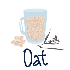 cup of oat Cartoon plate with oatmeal or muesli. Isolated oat bowl and scattered flakes. Traditional morning food. Healthy meal for breakfast cooking from cereal. Vegan product, vector illustration