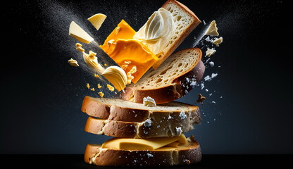 The concept fly stack of bread, butter, honey and splash maple syrup on a dark background.Generative AI