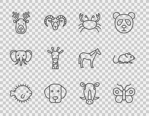 Naklejka na ściany i meble Set line Puffer fish, Butterfly, Crab, Dog, Deer head with antlers, Giraffe, Wild boar and Rat icon. Vector