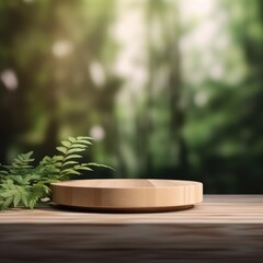 Fototapeta premium Cosmetics or beauty product promotion mockup. Natural wood step pedestal. Generative AI.