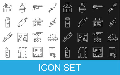 Set line Firearms license certificate, Collimator sight, Tommy gun, Mauser, Trap hunting, Pepper spray, Hunting shop weapon and Military ammunition box icon. Vector