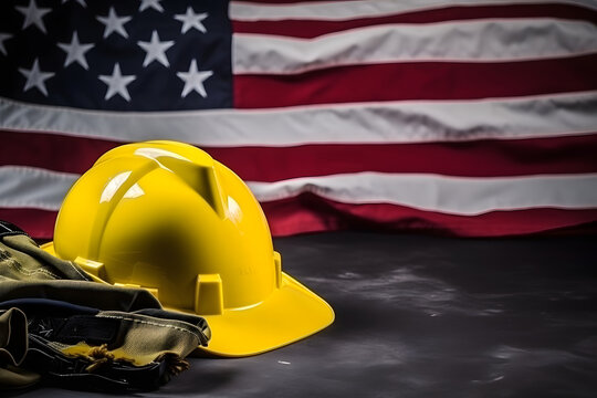 Yellow hard hat aka safety helmet on United States of America national flag for labor day theme, neural network generated photorealistic image