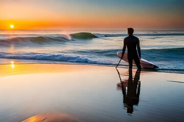 silhouette of a surfer in the sunset, Silhouette of a person with a surfboard on a beach
