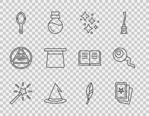 Set line Magic wand, Three tarot cards, Sparkle stars with magic, Witch hat, hand mirror, feather and Eye icon. Vector