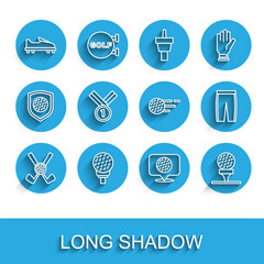 Set line Crossed golf club with ball, Golf on tee, shoe, label, Medal, pants and icon. Vector