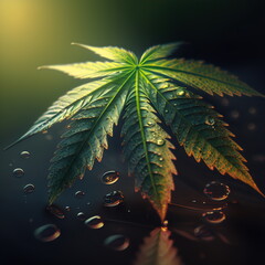 Marijuana leaf with drops on a color background.Generative AI