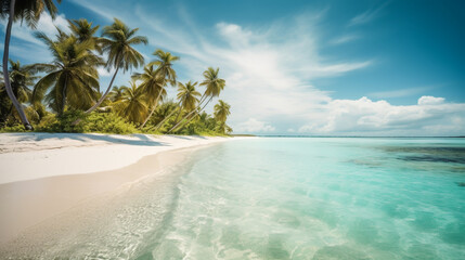 Fototapeta na wymiar Tropical beach with turquoise water, white sand, and palm trees. AI Generated