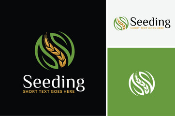 Initial Letter S Seeds with Leaf and Crop Grain Rice Wheat Oats Cereal Plant for Organic Farm Yin Yang logo design