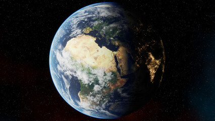 Earth view from space. Day and night cycle. Europe, Africa and Middle East. Night lights from space. 4K illustration realistic atmosphere. Clouds from space.