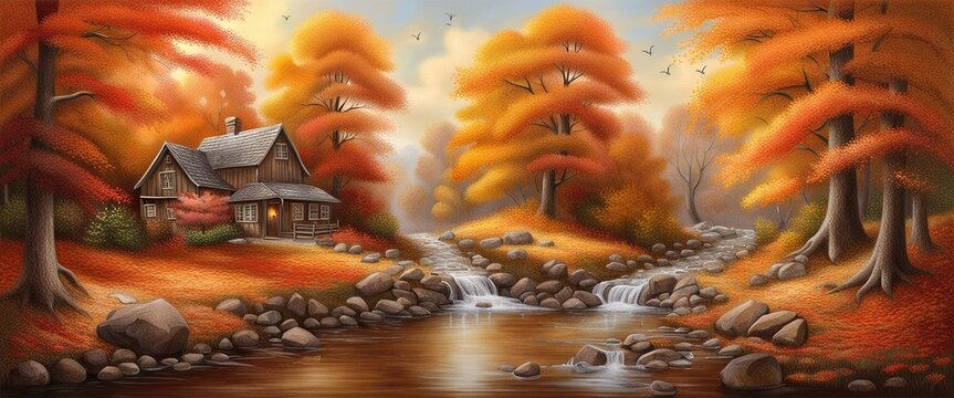 Panoramic Countryside landscape in autumn, banner autumn landscape mountains and maple trees fallen with yellow