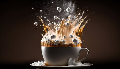 White cup with coffee and cream with a strong liquid splash, drops and swirl of marshmallows around, on a dark background.Generative AI