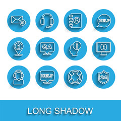 Set line Man with a headset, Speech bubble text Help, New, email incoming message, Lifebuoy, Telephone 24 hours support, Question and Answer, Monitor information and Information icon. Vector