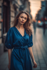 Fototapeta premium young beautiful caucasian woman in blue dress walking in city center. AI Generated